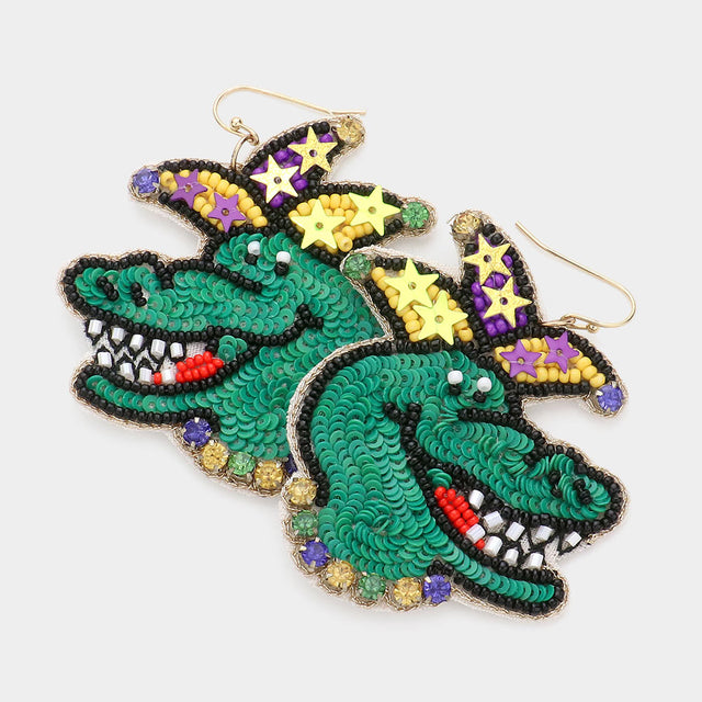 Multi Mardi Gras Felt Back Beaded Alligator Dangle Earrings