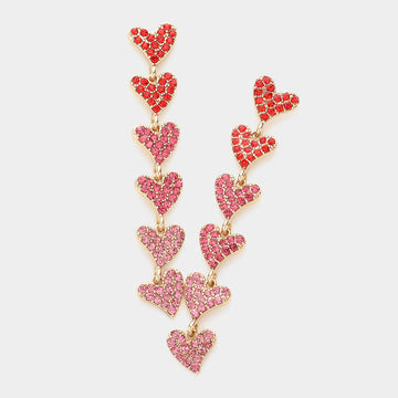Rhinestone Embellished Heart Link Dangle Earrings - Gold Pink Red - Earrings