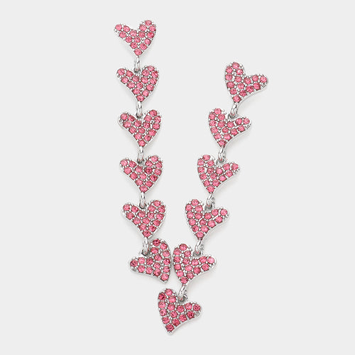 Rhinestone Embellished Heart Link Dangle Earrings - Pink