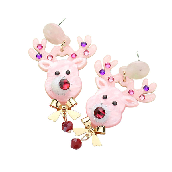 Pink Stone Embellished Glittered Resin Rudolph Dangle Earrings