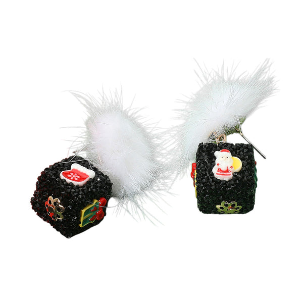 Black Pom Pom Glittered Christmas Dice Dangle Earrings