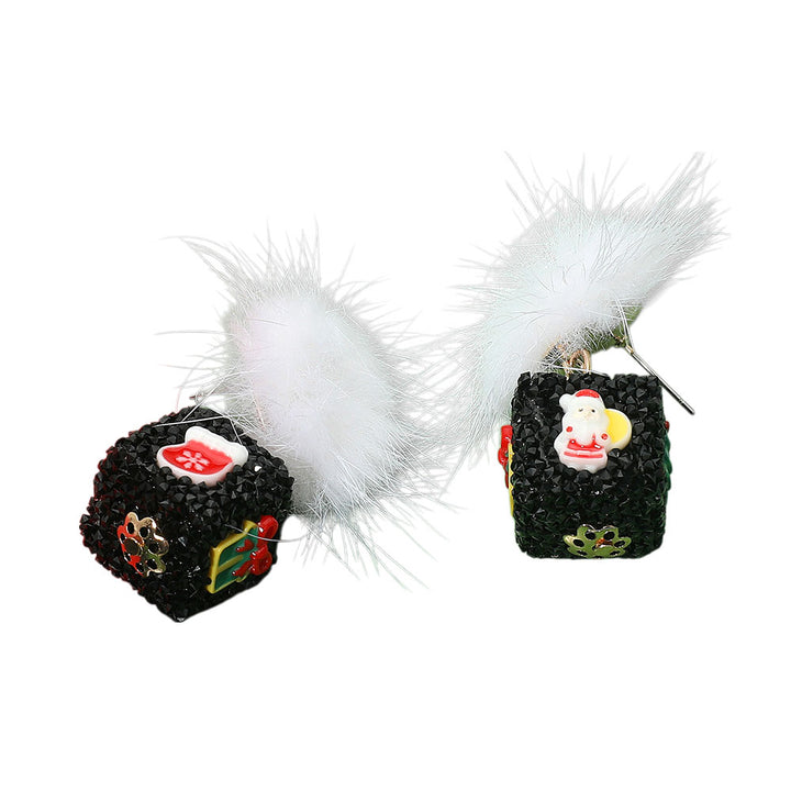 Black Pom Pom Glittered Christmas Dice Dangle Earrings