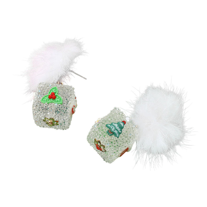 White Pom Pom Glittered Christmas Dice Dangle Earrings