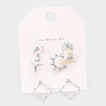 Madeline Love Worn Silver 3Pairs - Geometric Metal Sun Open Square Earrings