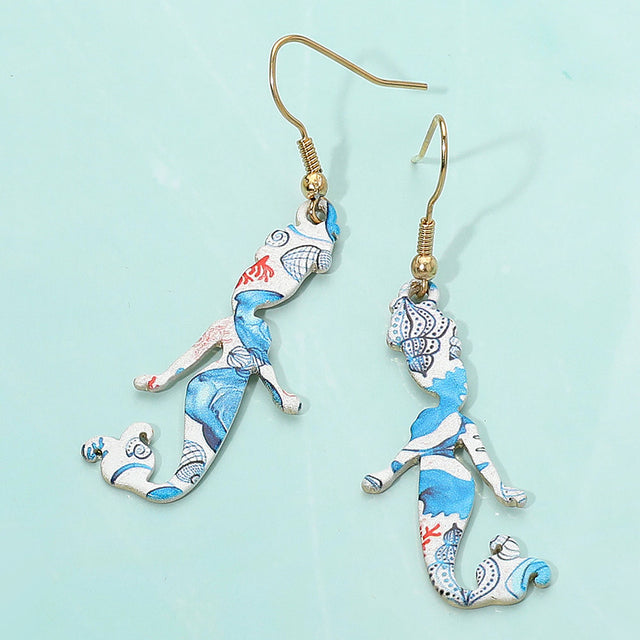 Madeline Love Gold Sea Life Pattern Printed Metal Mermaid Dangle Earrings