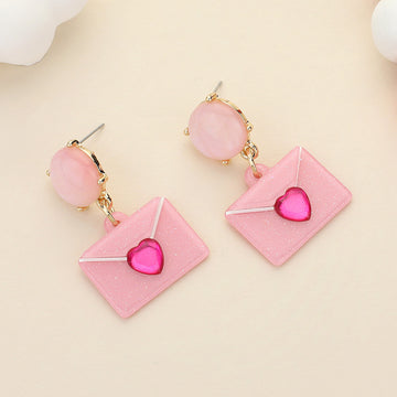 Madeline Love Pink Glittered Resin Heart Envelope Dangle Earrings
