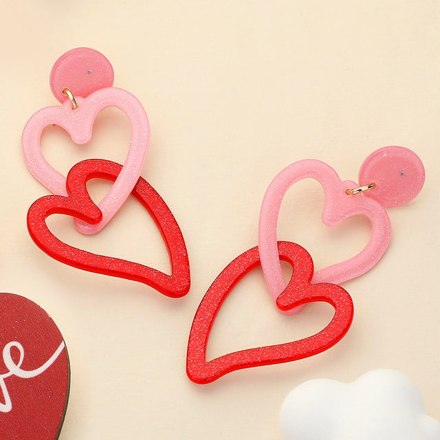 Glittered Resin Open Heart Link Dangle Earrings - Pink - Earrings