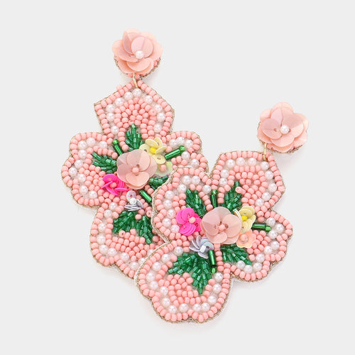 Seed Beaded Flower Cross Dangle Earrings - Pink