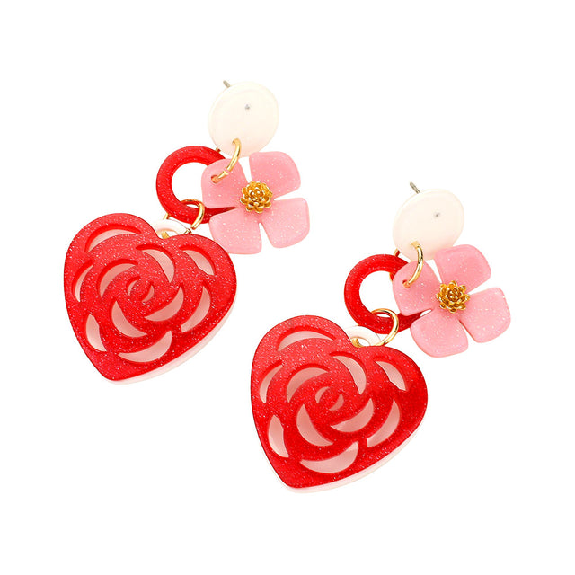 Glittered Resin Heart Flower Dangle Earrings - Red - Earrings