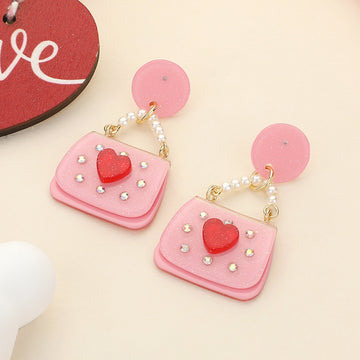 Glittered Resin Pearl Heart Handbag Dangle Earrings - Pink - Earrings