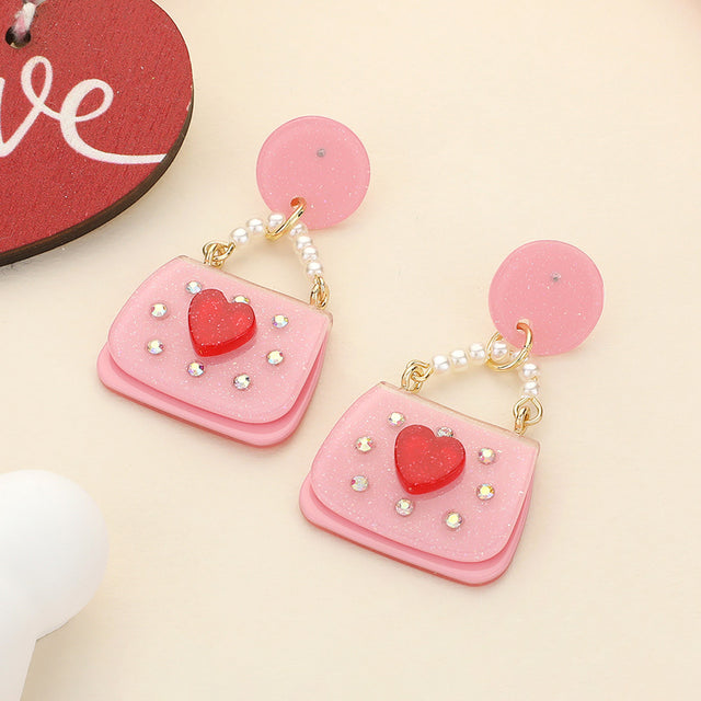 Glittered Resin Pearl Heart Handbag Dangle Earrings - Pink - Earrings