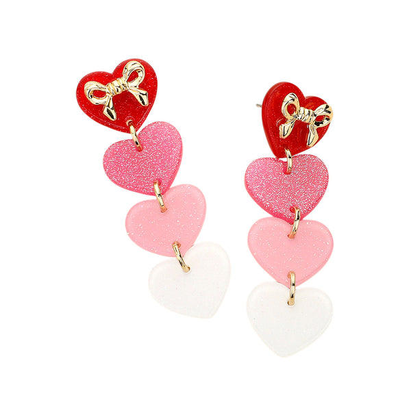 Metal Bow Pointed Glittered Resin Heart Link Dropdown Earrings