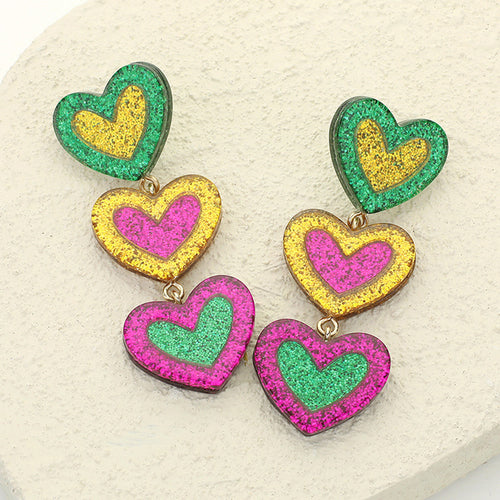 Glittered Resin Mardi Gras Triple Heart Link Dropdown Earrings - Multi2