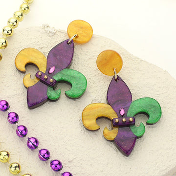 Multi Glittered Resin Mardi Gras Fleur de Lis Dangle Earrings