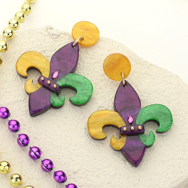 Multi Glittered Resin Mardi Gras Fleur de Lis Dangle Earrings