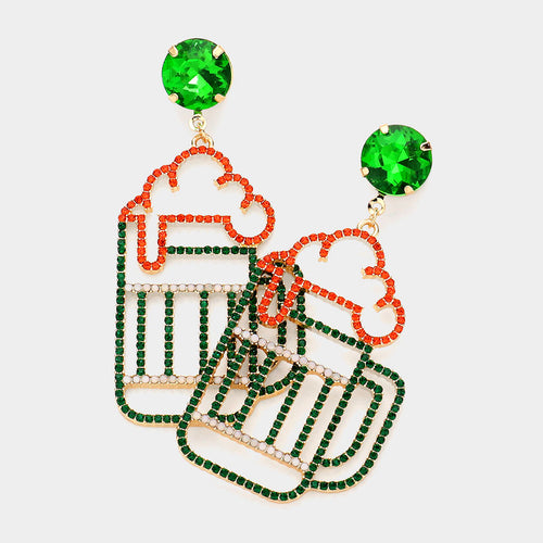 St Patricks Day Stone Paved Beer Pint Glass Dangle Earrings - Gold, Multi