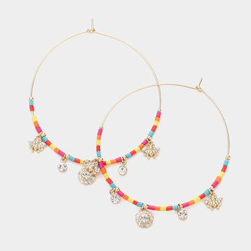 Madeline Love Multi Rhinestone Embellished Metal Flower Honey Bee Beaded Open Circle Earrings