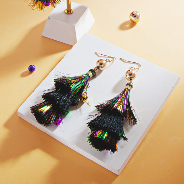 Jet Black, Multi Mardi Gras Triple Fringe Layered Dangle Earrings