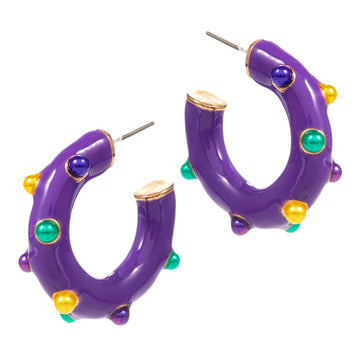 Purple Mardi Gras Pearl Embellished Hoop Earrings