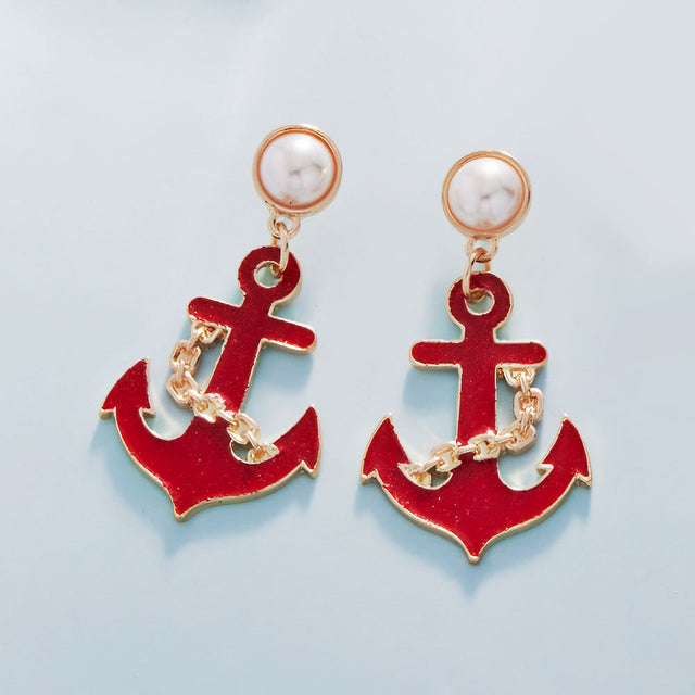 Red Pearl Pointed Enamel Anchor Dangle Earrings