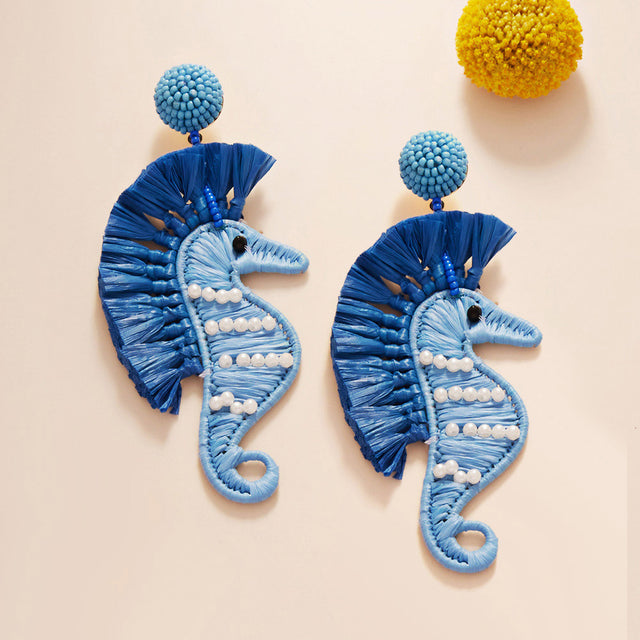 Blue Pearl Accented Raffia Seahorse Dangle Earrings