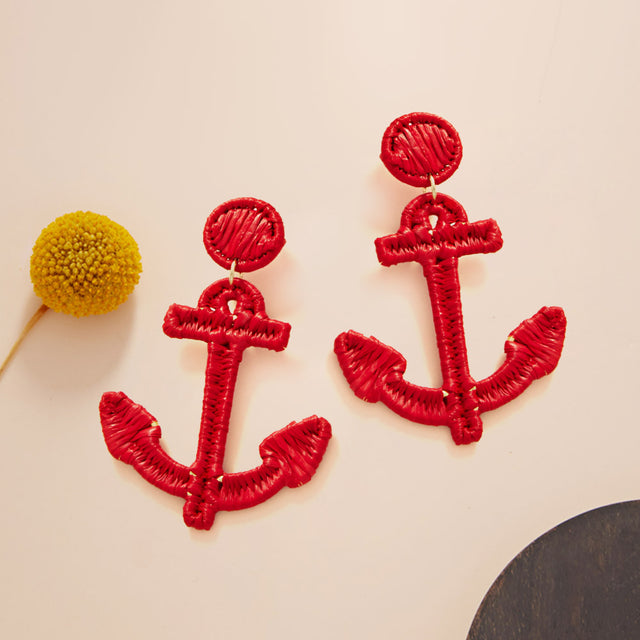 Red Raffia Wrapped Anchor Dangle Earrings