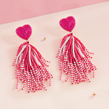 Heart Seed Beaded Tassel Dangle Earrings - Pink - Earrings