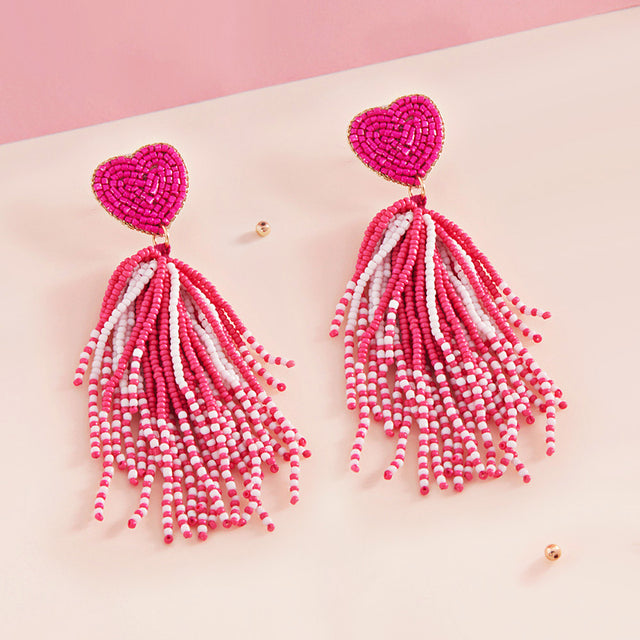 Heart Seed Beaded Tassel Dangle Earrings - Pink - Earrings