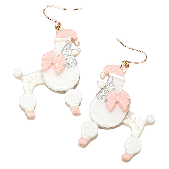 Pink Holiday Bow Santa Hat Poodle Dog Dangle Earrings
