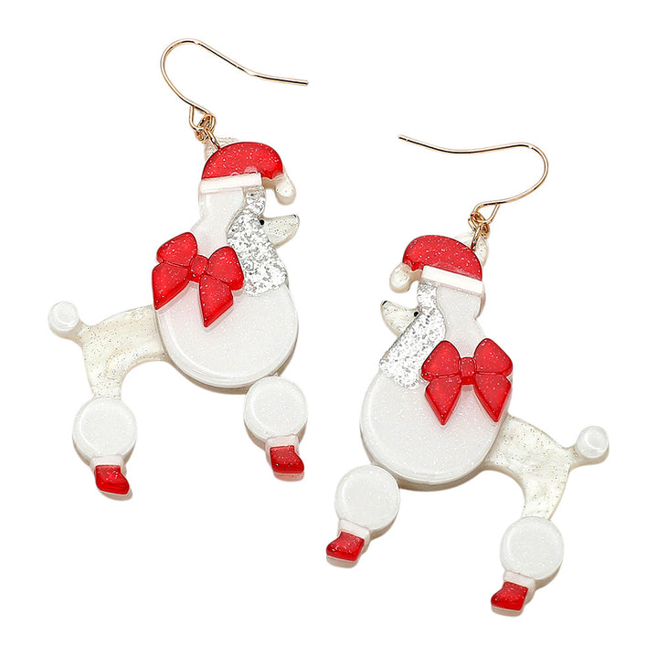 Red Holiday Bow Santa Hat Poodle Dog Dangle Earrings