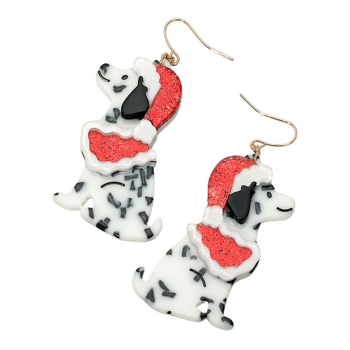 Multi Christmas Hat Cape Dalmatian Dog Dangle Earrings
