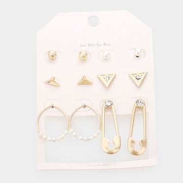 Madeline Love Worn Gold 6Pairs - Rhinestone Embellished Geometric Stud Safety Pin Earrings