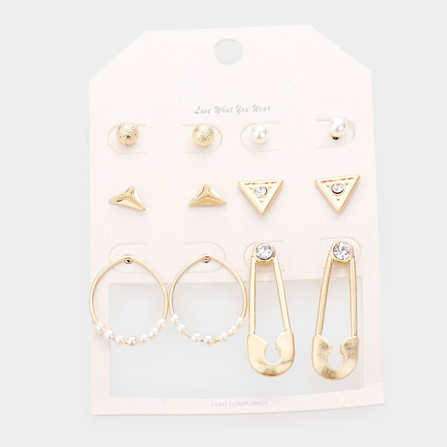 Madeline Love Worn Gold 6Pairs - Rhinestone Embellished Geometric Stud Safety Pin Earrings