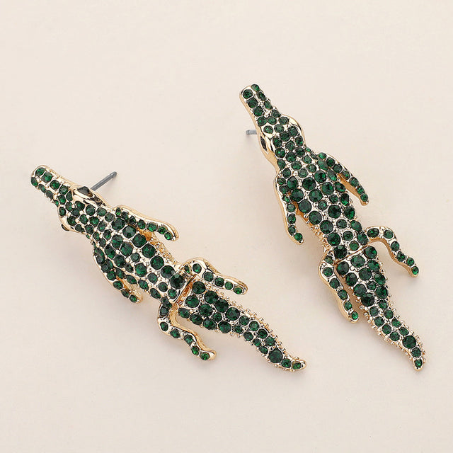Madeline Love Gold, Green Stone Paved Crocodile/Alligator Earrings