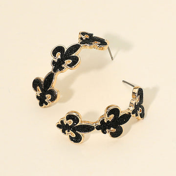 Black, Gold Glitter Mardi Gras Fleur de Lis Link Hoop Earrings
