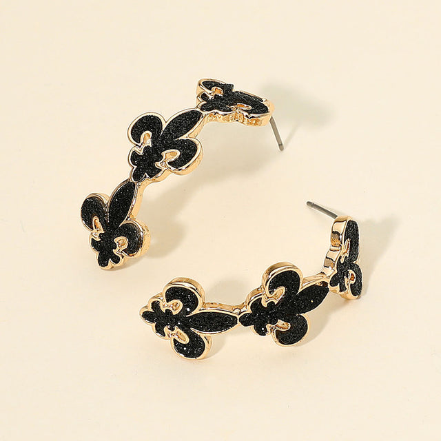 Black, Gold Glitter Mardi Gras Fleur de Lis Link Hoop Earrings