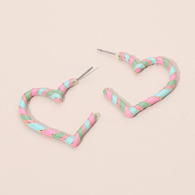 Madeline Love Gold, Multi Enamel Twisted Candy Cane Open Heart Hoop Earrings
