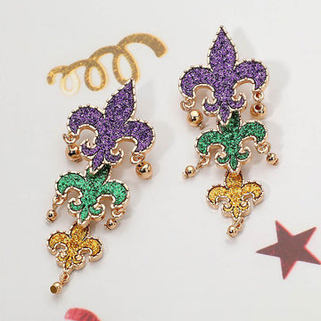 Multi Mardi Gras Glitter Fleur de Lis Drop Earrings