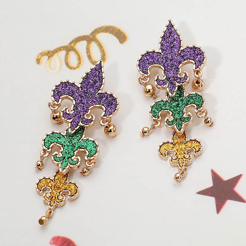 Mardi Gras Glitter Fleur de Lis Drop Earrings - Multi