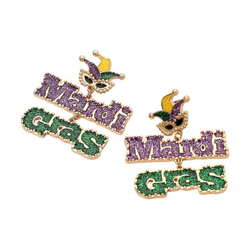 Multi Festive Mardi Gras statement drop earrings featuring playful masquerade mask accents and bold letter charms with lively movement. Designed for parades, parties, and themed celebrations, these eye-catching earrings add fun personality, dramatic flair, and standout appeal to Mardi Gras outfits and party looks.