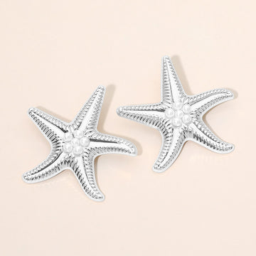 Madeline Love Rhodium Bold Pearl Center Textured Starfish Statement Earrings