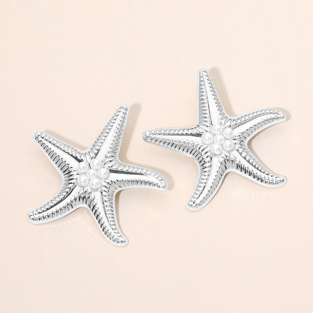 Madeline Love Rhodium Bold Pearl Center Textured Starfish Statement Earrings