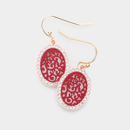 Filigree Rhinestone Pave Round Earrings - Burgundy, Pink