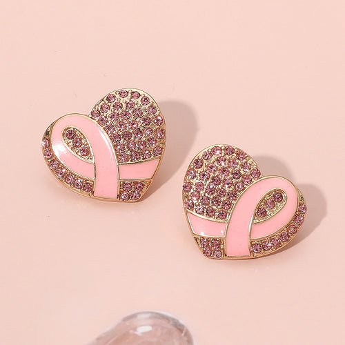 Pink Ribbon Heart Breast Cancer Awareness Heart Earrings - Gold, Light, Pink