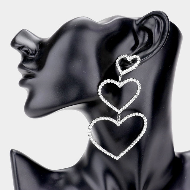 Rhinestone Triple Open Heart Link Dangle Earrings - Rhodium - Earrings