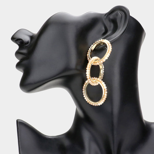 Faceted Bead Trimmed Triple Open Circle Link Dangle Earrings - Beige