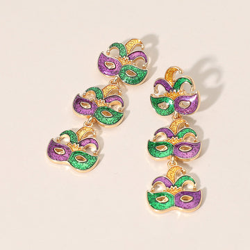 Madeline Love Gold Triple Mardi Gras Jester Mask Link Drop Earrings
