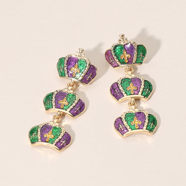 Madeline Love Gold Triple Mardi Gras Crown Link Drop Earrings