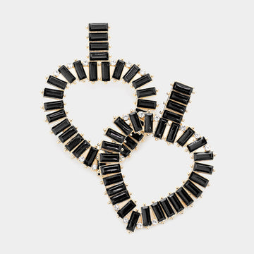 Rectangle Stone Cluster Open Heart Dangle Earrings - Gold Jet Black - Earrings