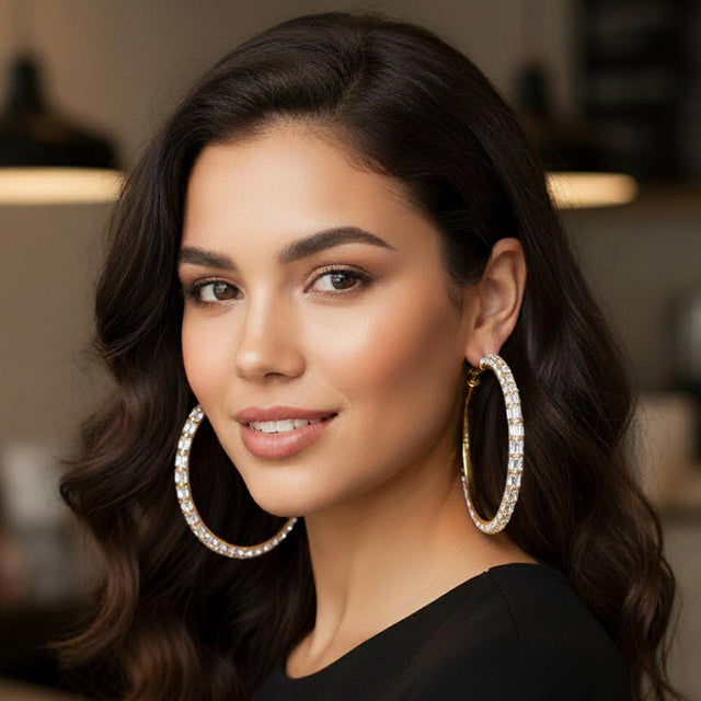 Madeline Love Clear, Gold Oversized Baguette Rhinestone Embellished Hoop Earrings